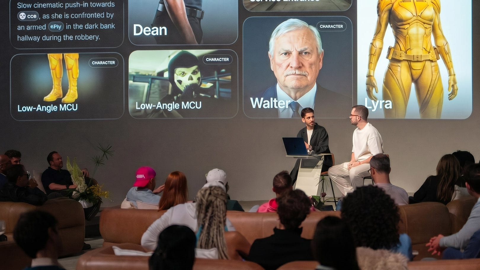 A seated audience watching two people on a small stage, with a wall-sized screen behind them holding a project's cast and locations — named characters and places, each on its own card.